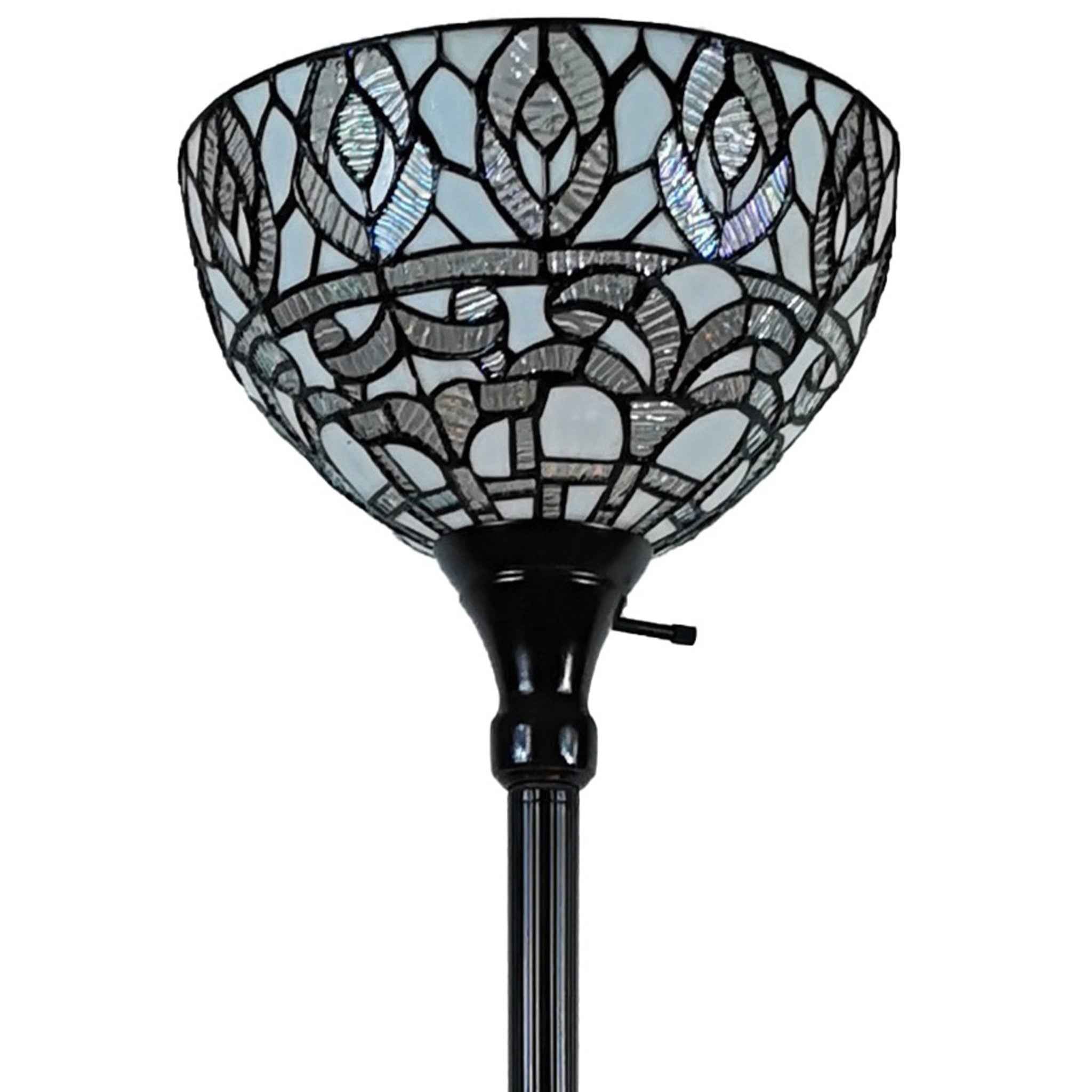 62" Brown And White Torchiere Floor Lamp With White Peacock Feather Glass Dome Shade