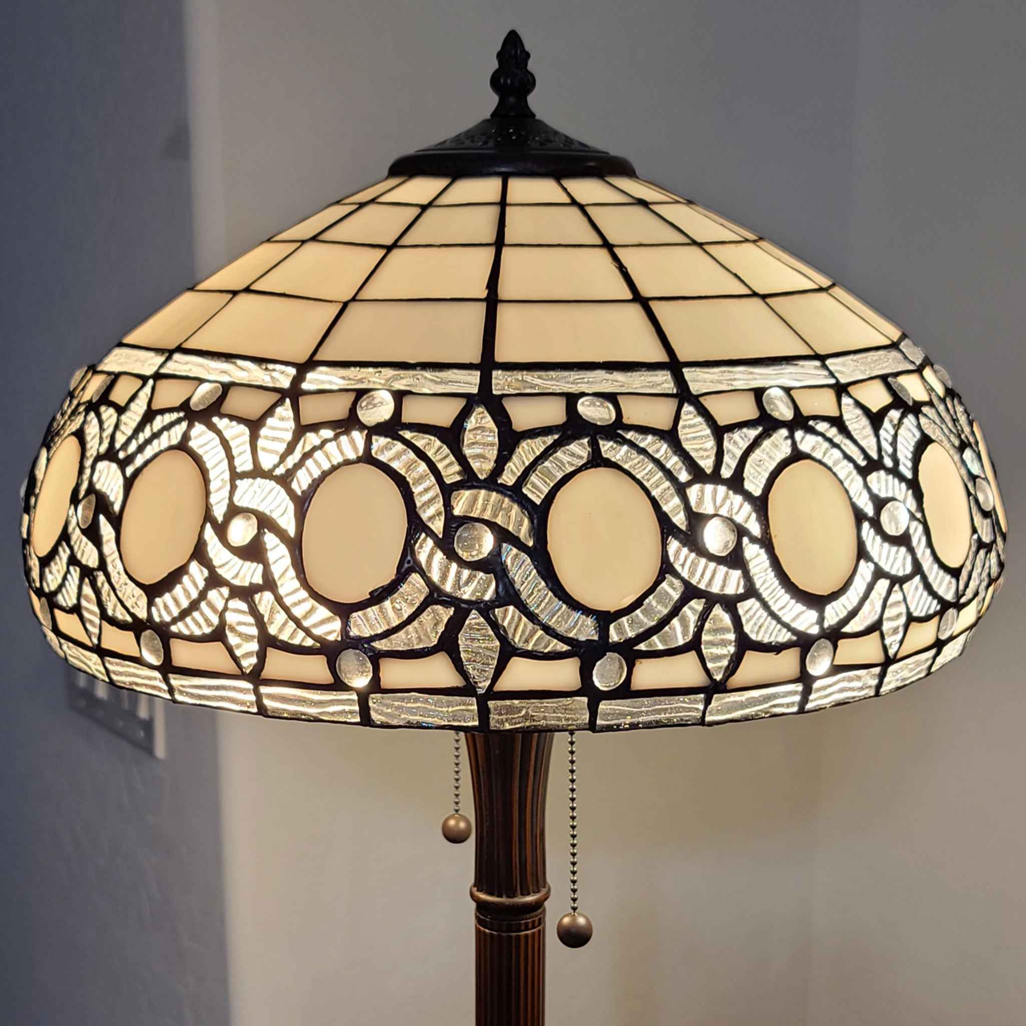 63" Brown Two Light Traditional Shaped Floor Lamp With White Stained Glass Bowl Shade