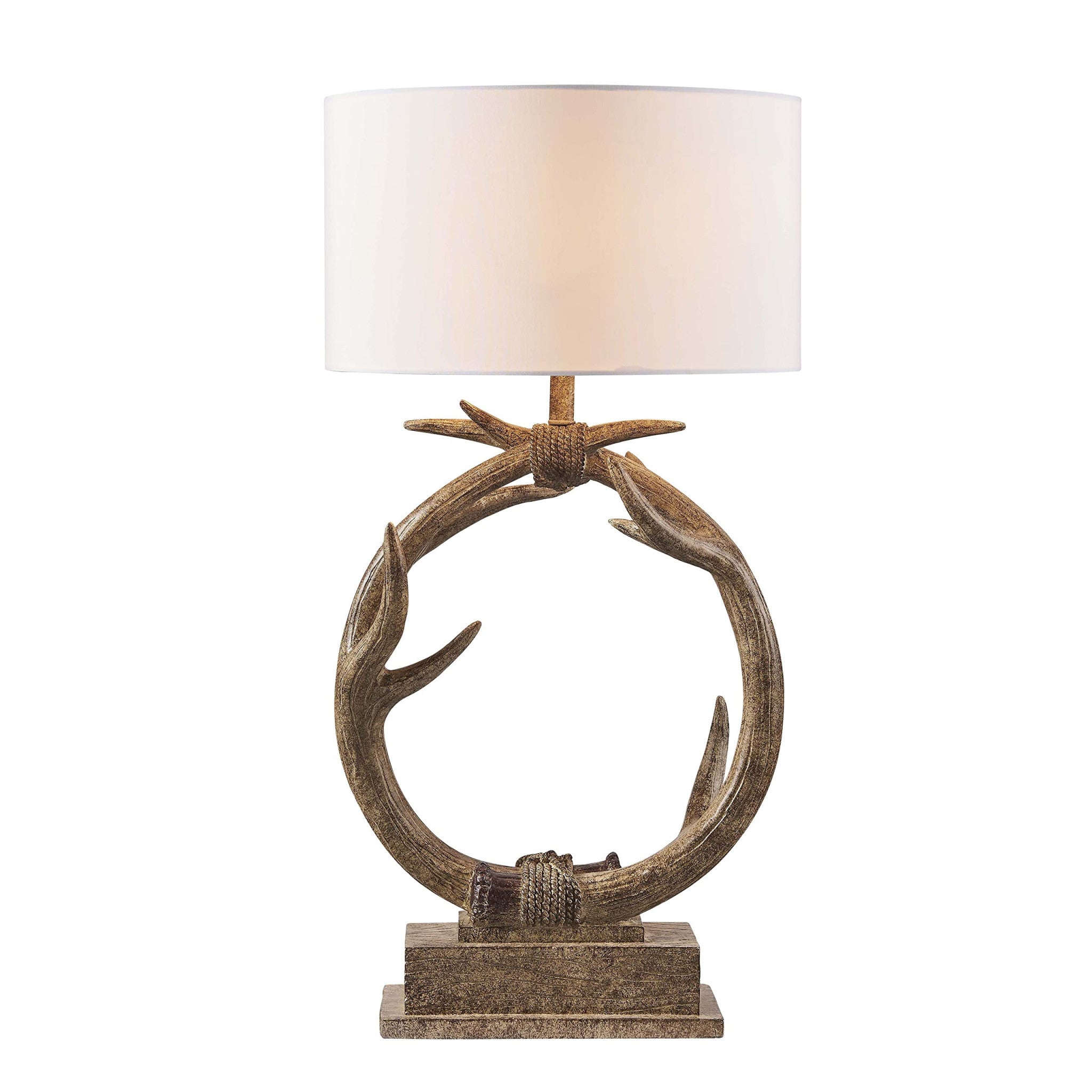 27" Brown Rustic Faux Antlers Table Lamp With White Drum Shade - Lighting