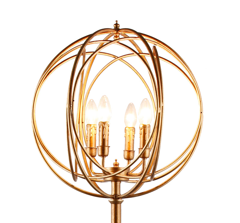 Gold four-light globe wire shade with four candle bulbs and curved metal rings.