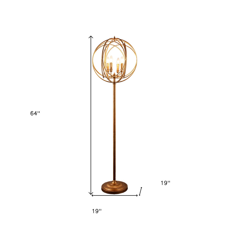 Gold four-light floor lamp with geometric globe wire shade, 64 in height.