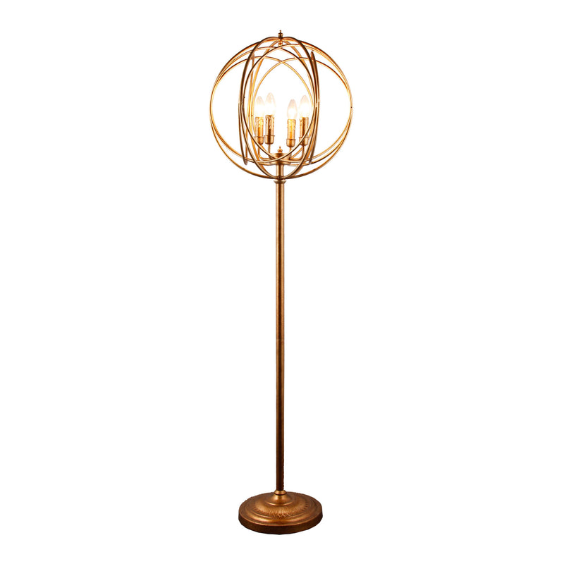 Gold four-light floor lamp with geometric globe cage shade on a round base.