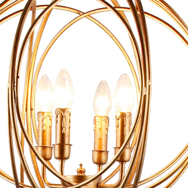 Geometric globe lamp shade with four candle bulbs inside a gold wire frame.