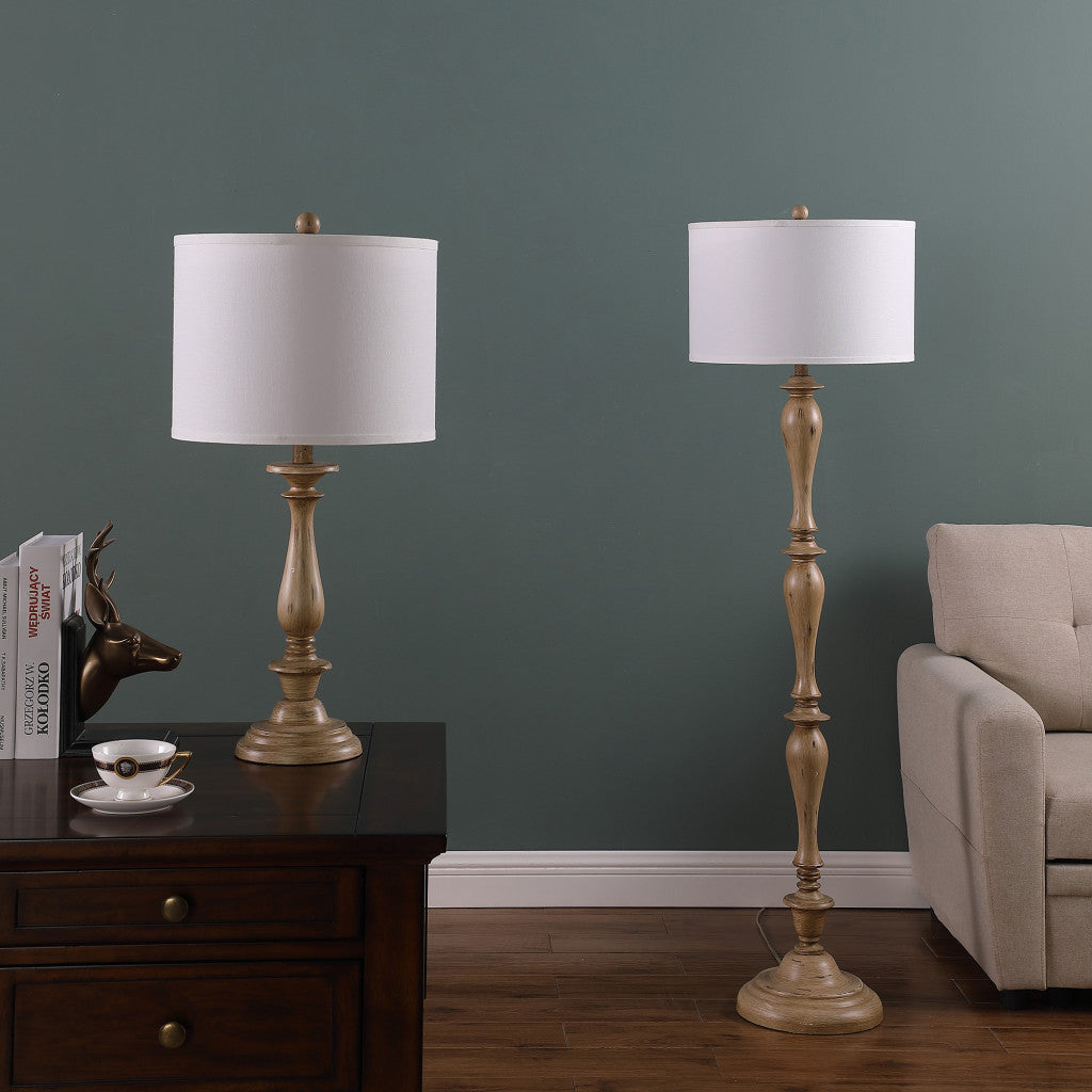 62" Brown And White Polyresin Floor Lamp With White Fabric Shade - Lighting