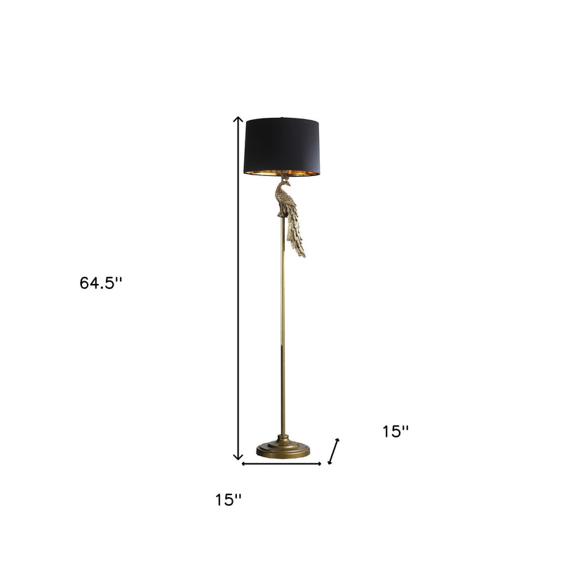 65" Gold And Black Floor Lamp With Black Fabric Drum Shade - Lighting