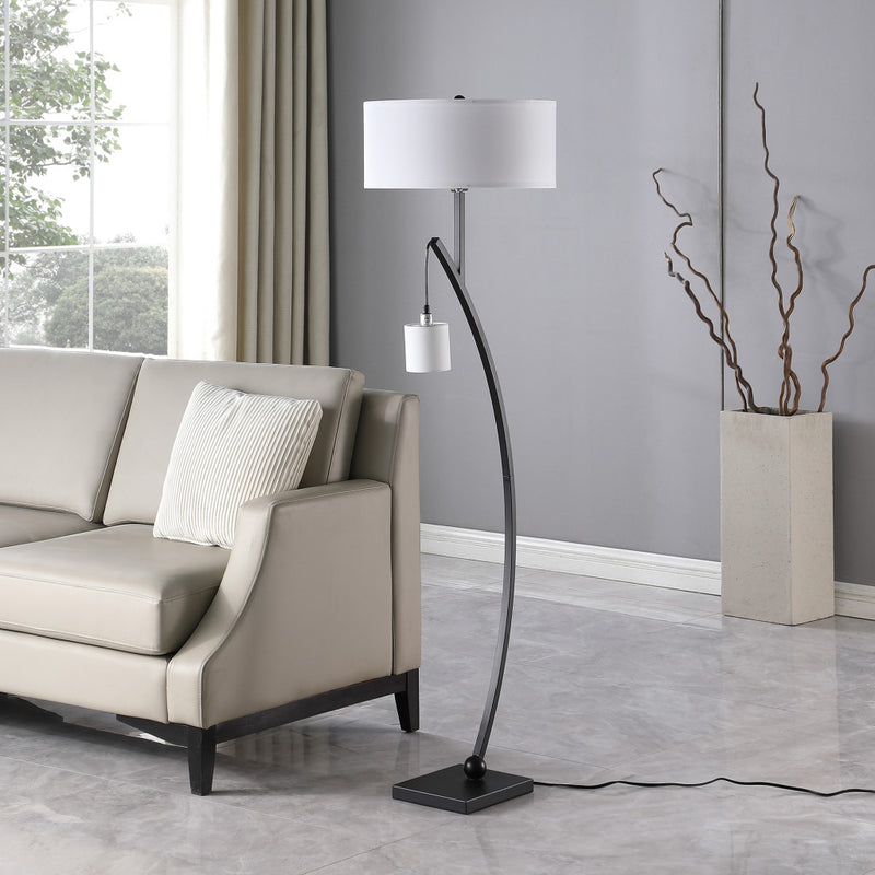 59" Matte Black Dual Arc Floor Lamp With White Drum Shade - Lighting