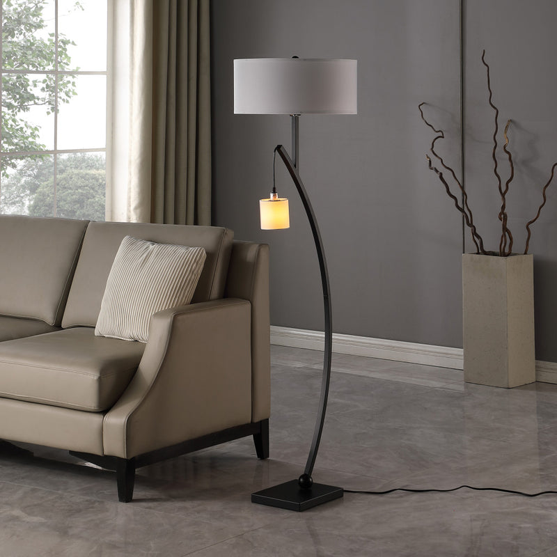 59" Matte Black Dual Arc Floor Lamp With White Drum Shade - Lighting
