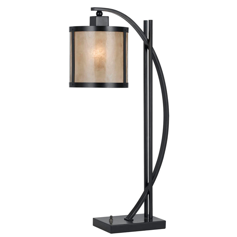 Black metal lantern table lamp on rectangular base with square glass enclosure