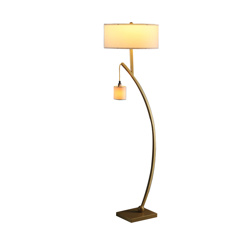 59" Gold And White Arc Floor Lamp With White Fabric Drum Shade - Lighting