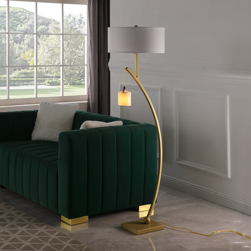 59" Gold And White Arc Floor Lamp With White Fabric Drum Shade - Lighting