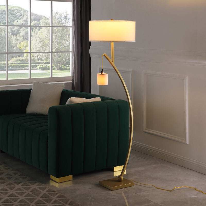 59" Gold And White Arc Floor Lamp With White Fabric Drum Shade - Lighting