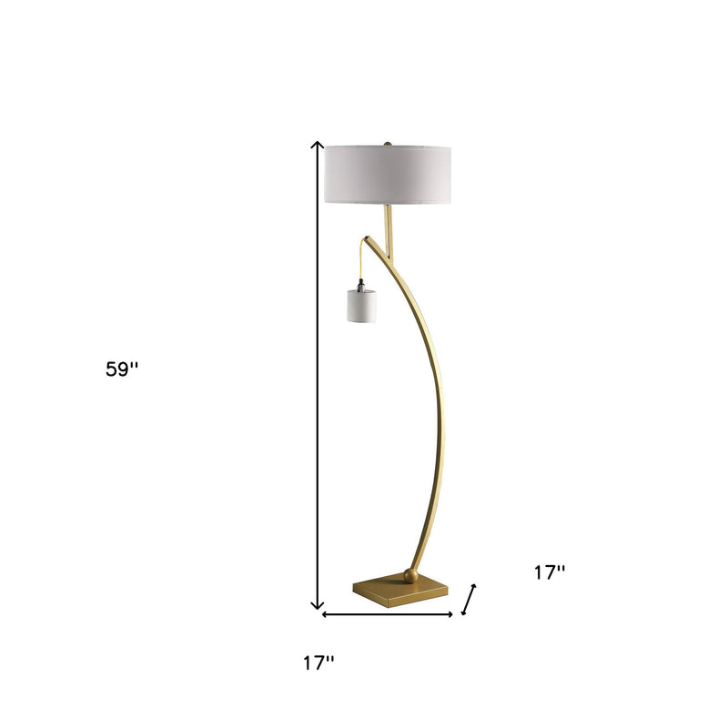 59" Gold And White Arc Floor Lamp With White Fabric Drum Shade - Lighting