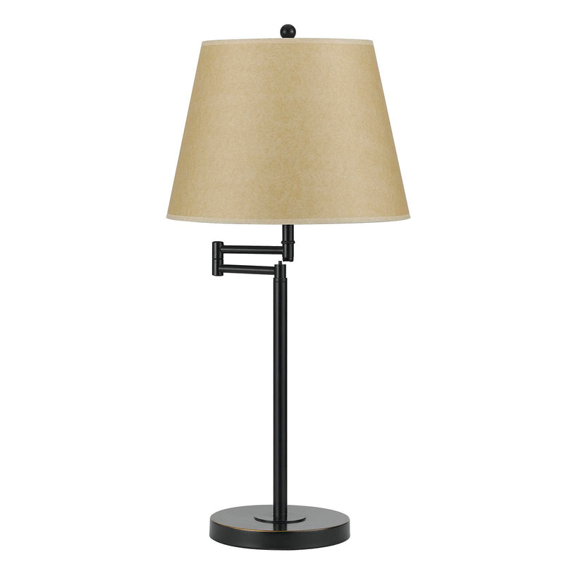 Table lamp with tan empire shade and black metal stem with round base