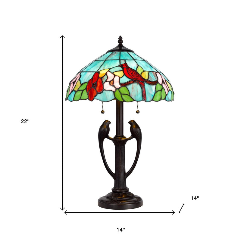 Two-light Tiffany table lamp, 22" tall, aqua floral stained-glass shade, dark bronze base