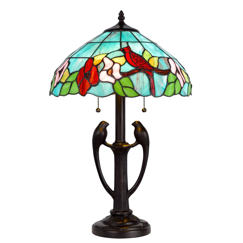 Two-light Tiffany table lamp with aqua stained-glass floral shade and red bird, dark bronze base