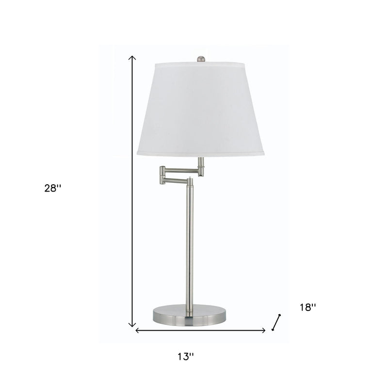 Nickel table lamp with off-white empire shade, 28" height and 13" width shown