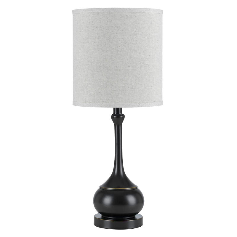Blackened bronze metal table lamp with off-white drum shade and pedestal base