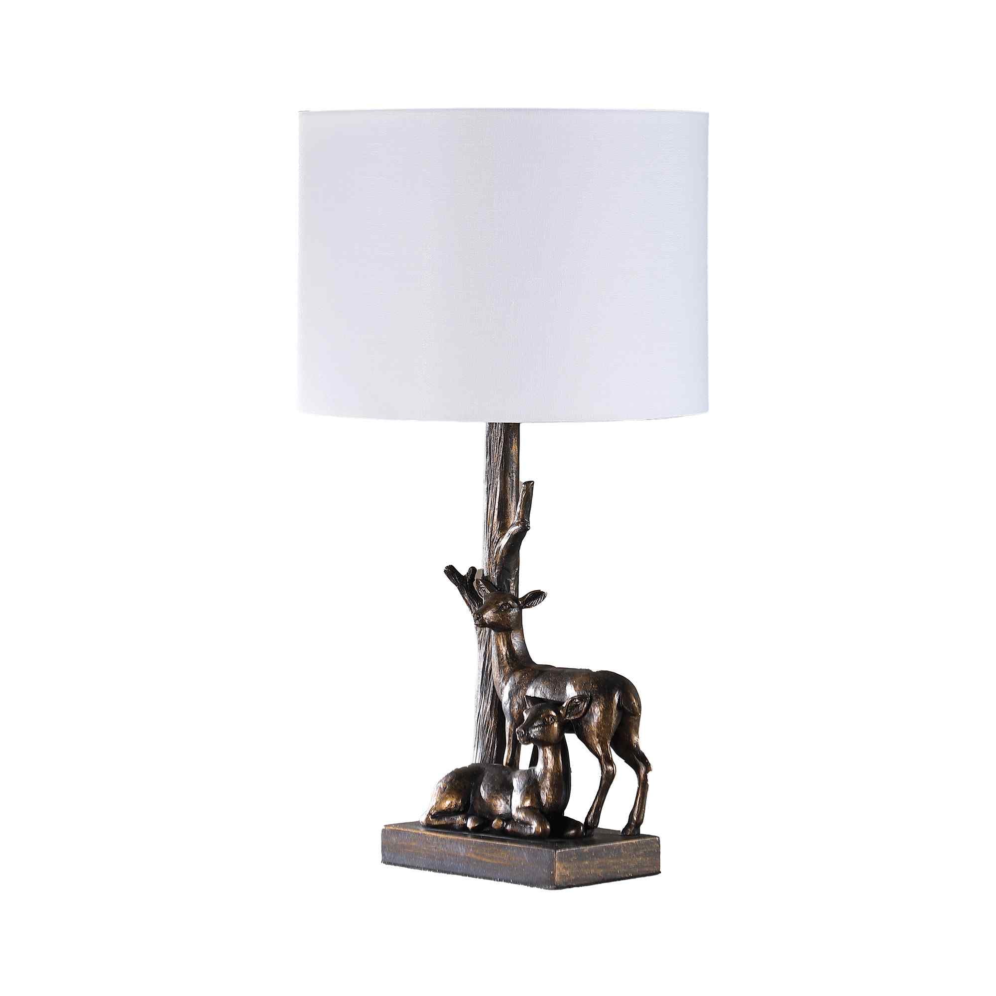 20" Bronze Mom and Baby Deer Table Lamp With White Drum Shade - Lighting