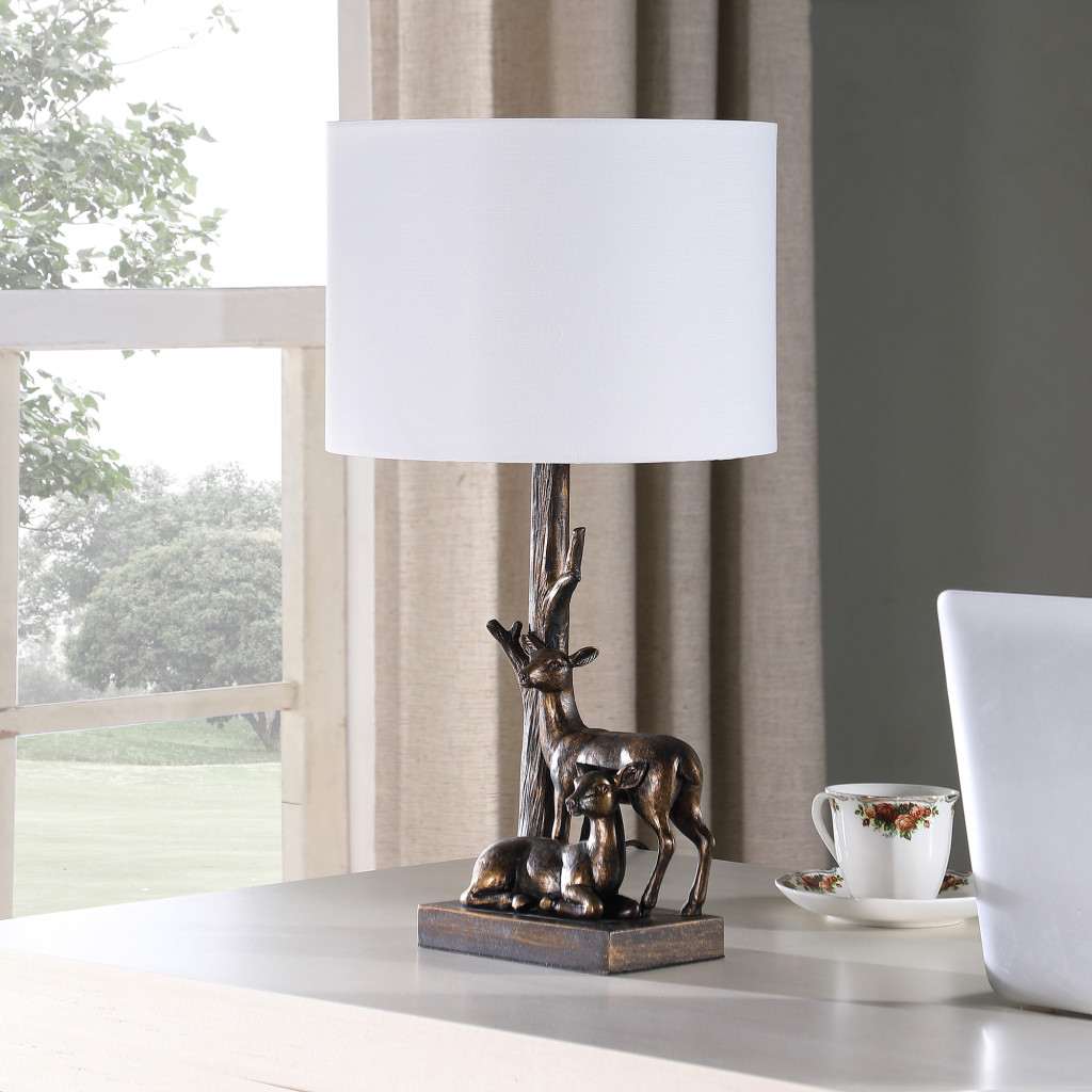 20" Bronze Mom and Baby Deer Table Lamp With White Drum Shade - Lighting