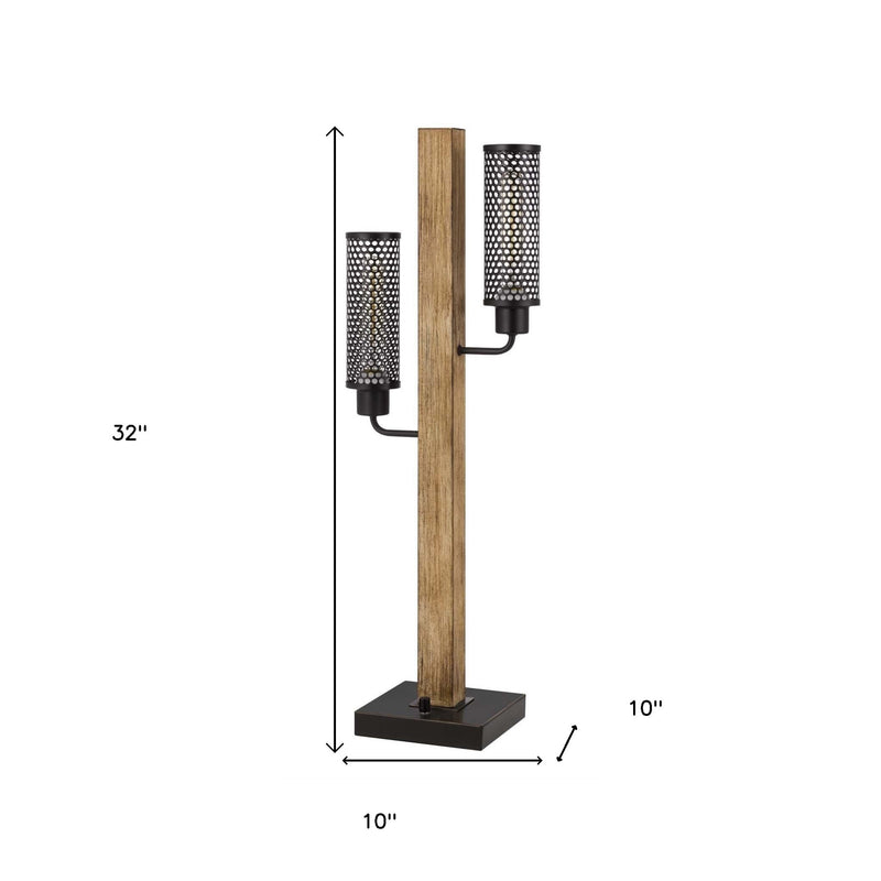 32 in tall two-light table lamp with two black mesh shades on dark square base