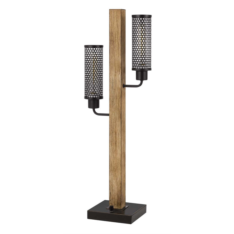 Two-light table lamp with wood center post, black mesh shades, dark square base