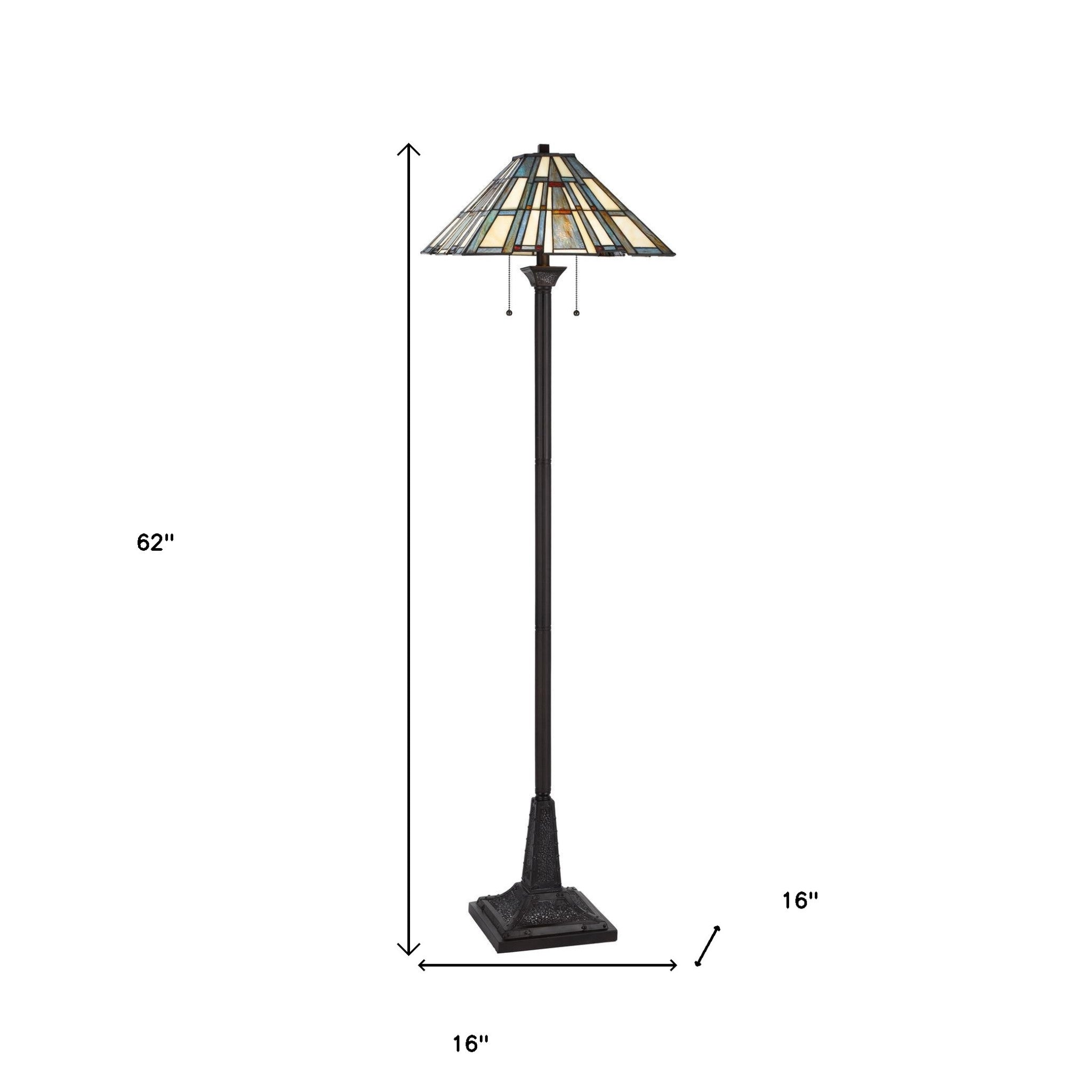 62" Bronze Two Light Traditional Shaped Floor Lamp With Gray and Ivory Abstract Tiffany Glass Empire Shade - Lighting