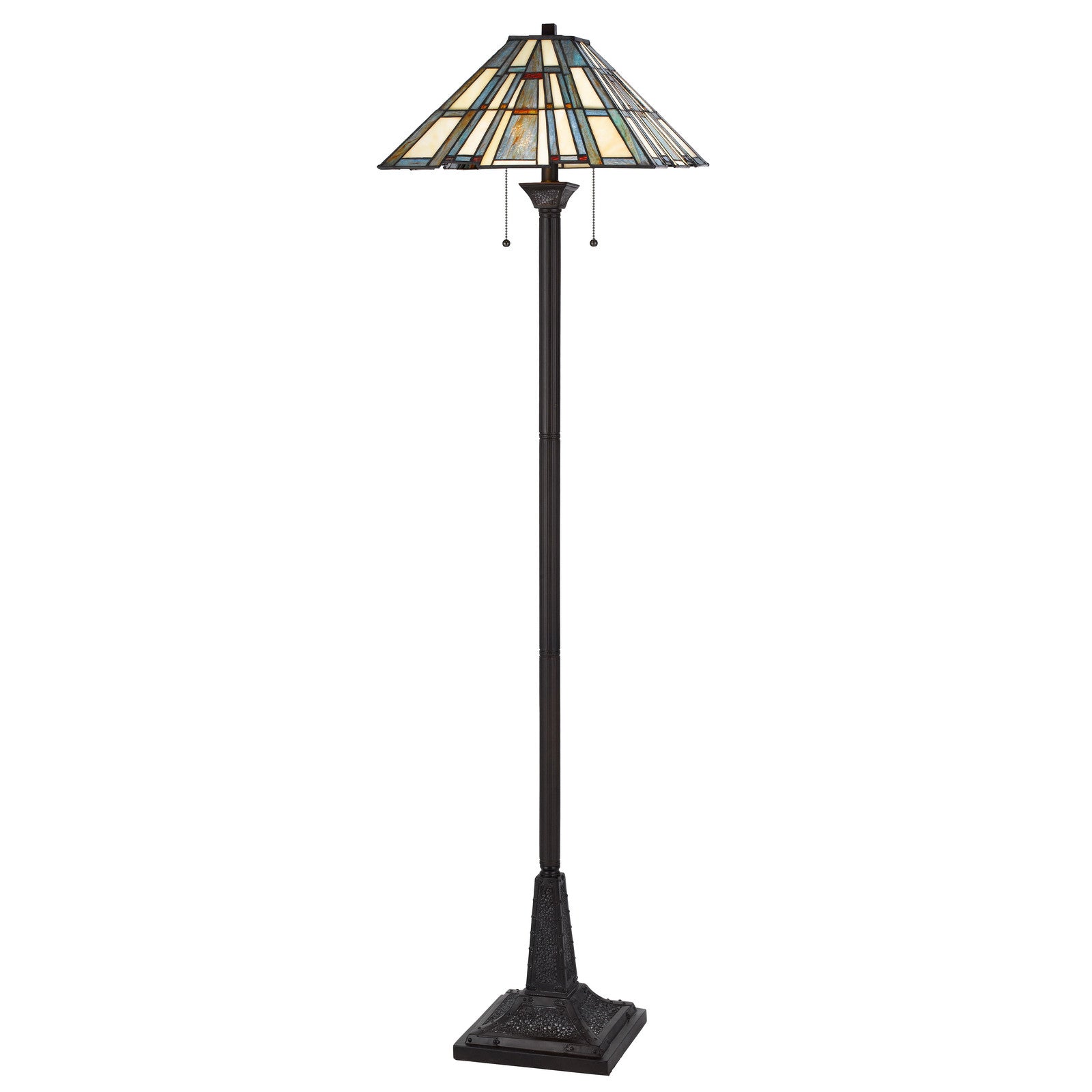 62" Bronze Two Light Traditional Shaped Floor Lamp With Gray and Ivory Abstract Tiffany Glass Empire Shade - Lighting