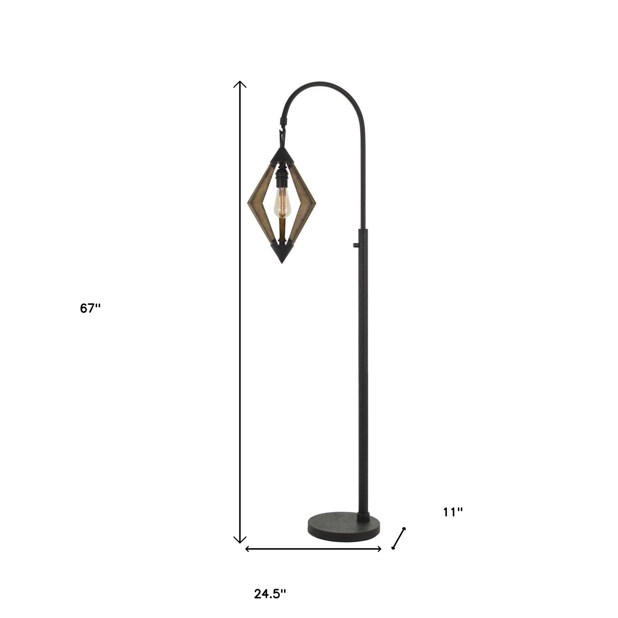 Black metal floor lamp with diamond-shaped wooden shade and vintage bulb, 67" tall, industrial style.