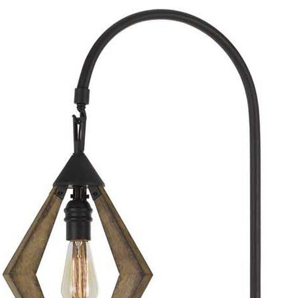 Industrial-style wall lamp with a rustic wood finish and vintage Edison bulb, featuring a curved black metal arm.