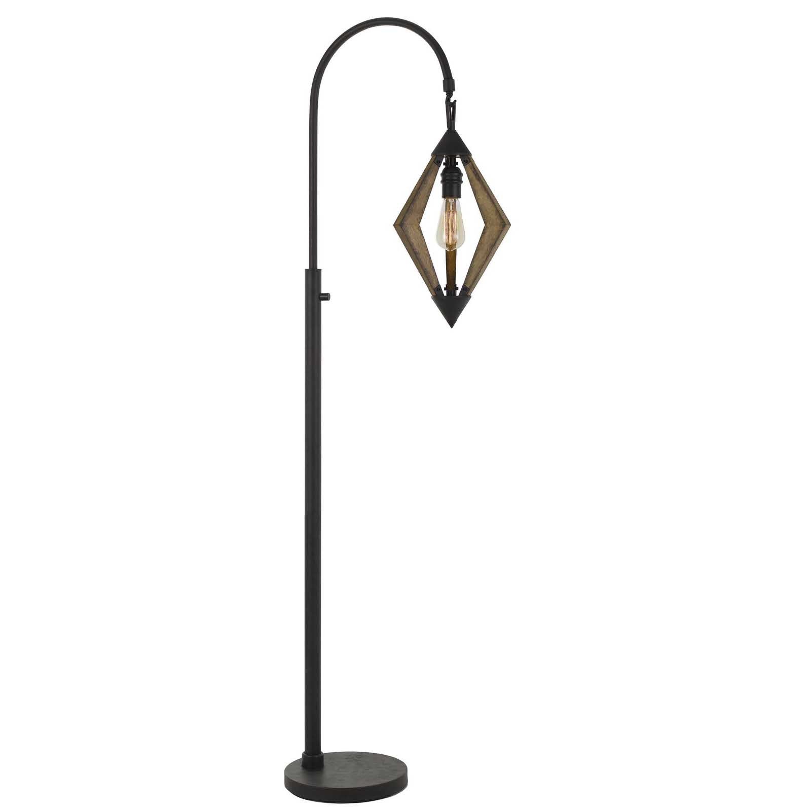 Modern black metal floor lamp with a diamond-shaped wood accent and an exposed bulb, perfect for stylish home décor.