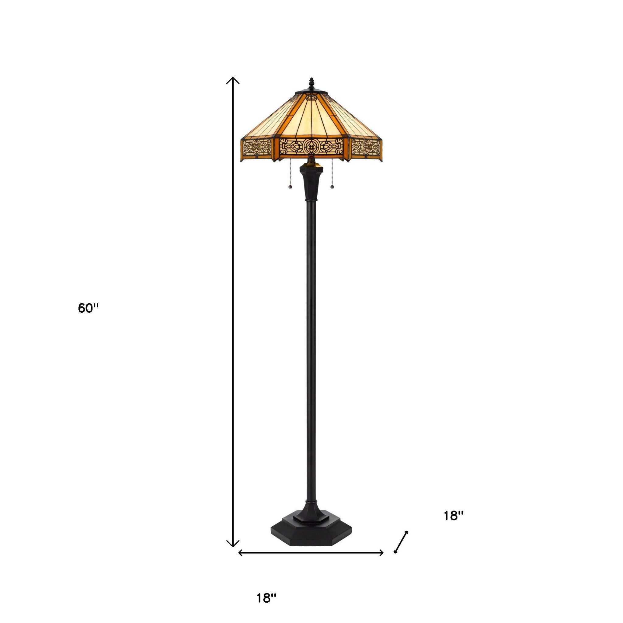 60" Bronze Two Light Traditional Shaped Floor Lamp With Orange and Ivory Abstract Tiffany Glass Empire Shade - Lighting