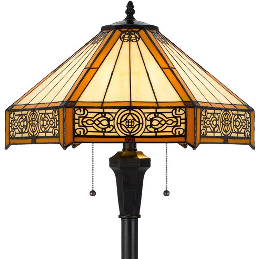 60" Bronze Two Light Traditional Shaped Floor Lamp With Orange and Ivory Abstract Tiffany Glass Empire Shade - Lighting