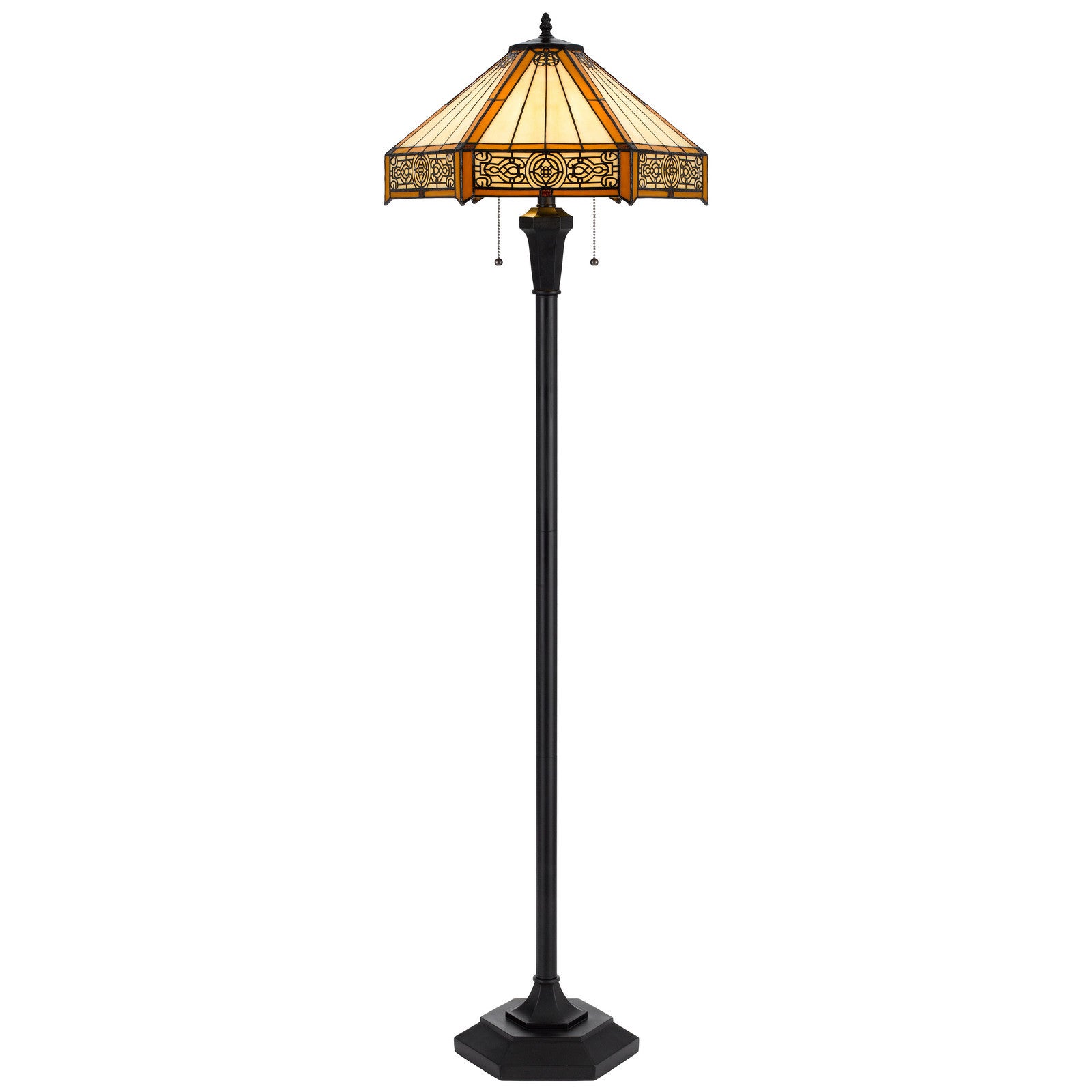 60" Bronze Two Light Traditional Shaped Floor Lamp With Orange and Ivory Abstract Tiffany Glass Empire Shade - Lighting