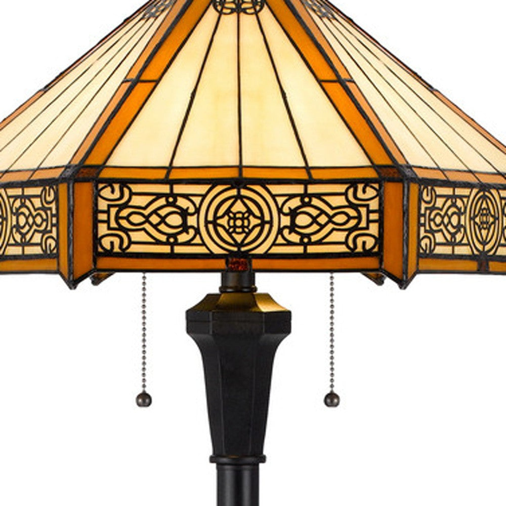 60" Bronze Two Light Traditional Shaped Floor Lamp With Orange and Ivory Abstract Tiffany Glass Empire Shade - Lighting