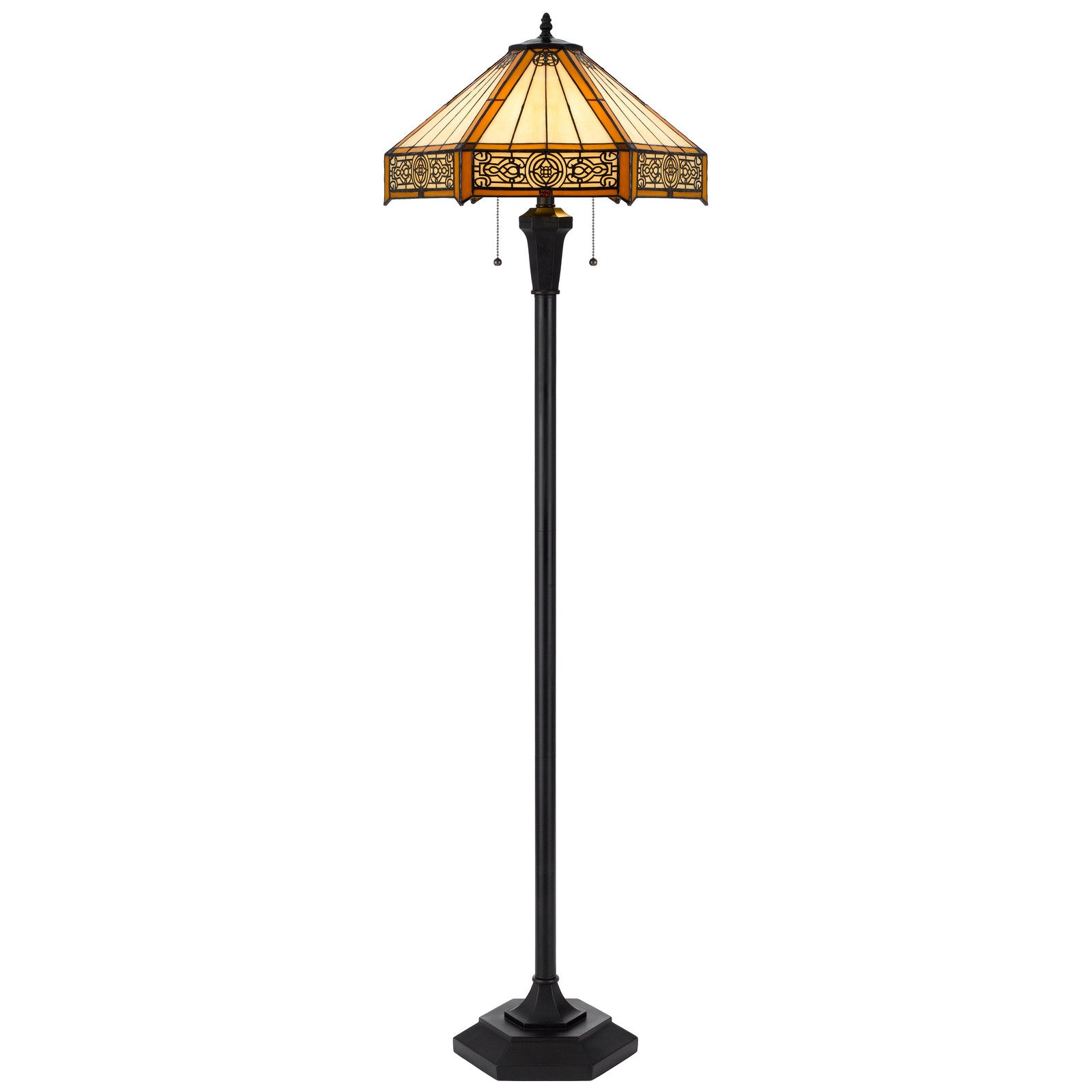 60" Bronze Two Light Traditional Shaped Floor Lamp With Orange and Ivory Abstract Tiffany Glass Empire Shade - Lighting