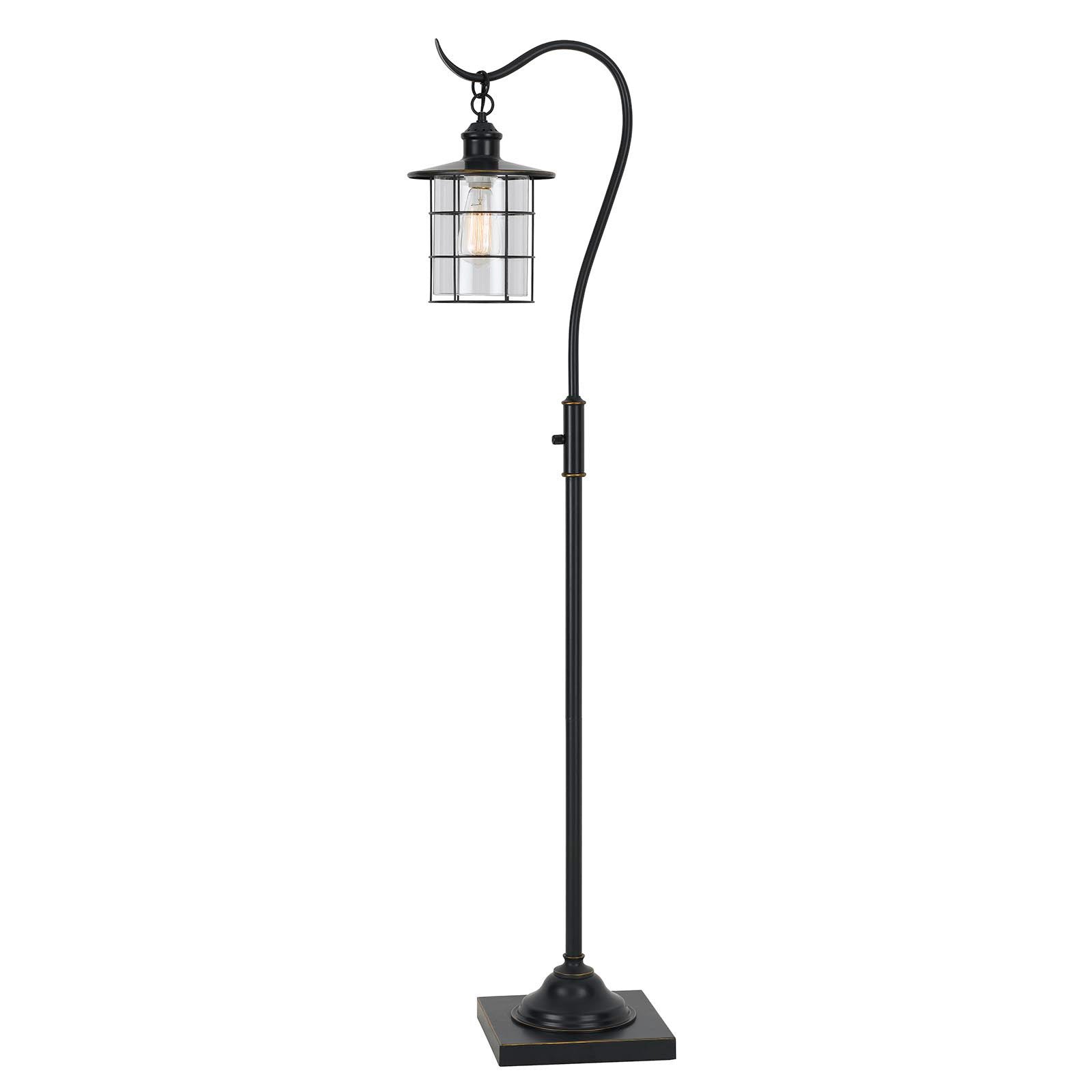 Black metal outdoor lamp with a glass lantern shade and curved neck, perfect for rustic or vintage decor.