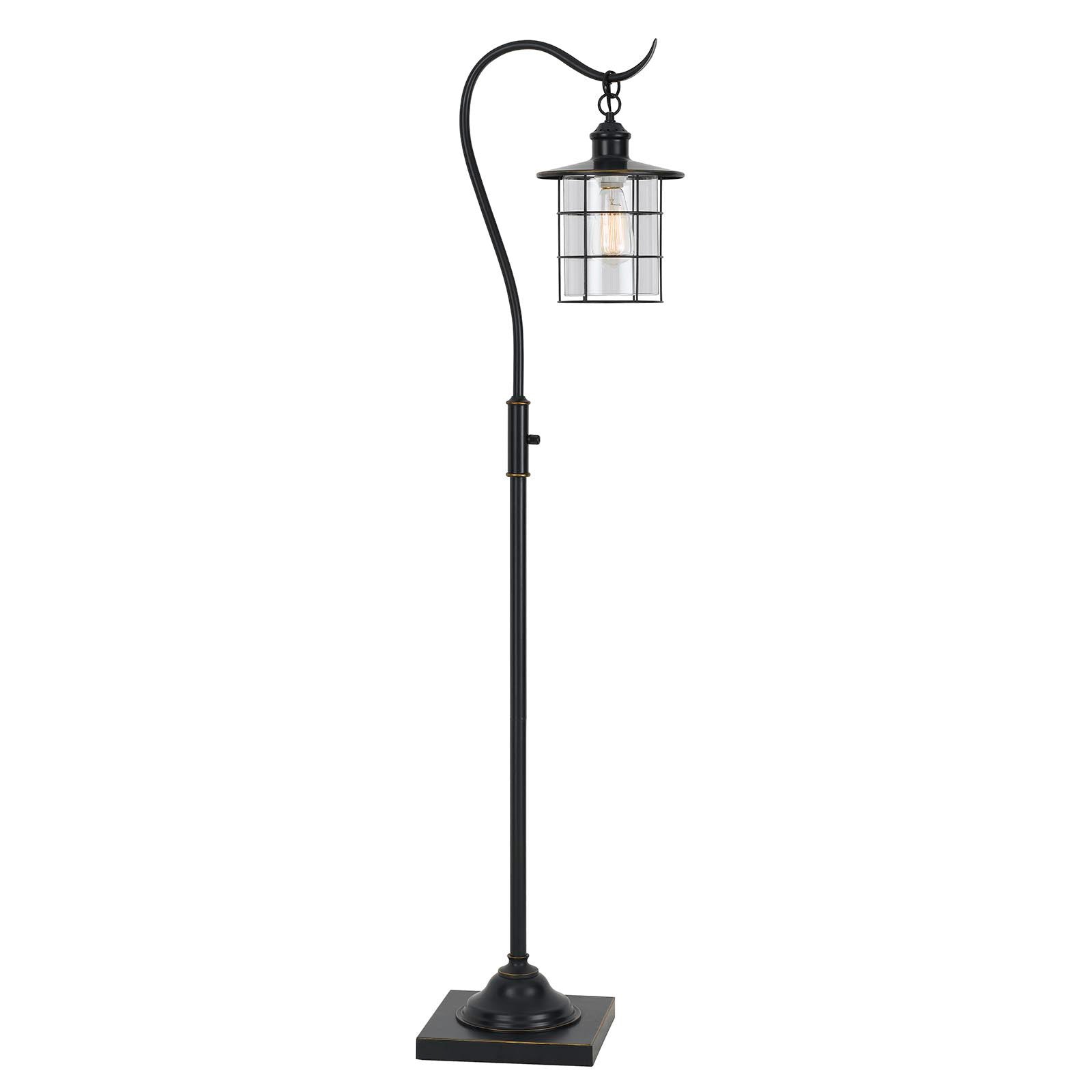 Black metal floor lamp with vintage glass shade, curved neck, and sturdy square base for a stylish lighting solution.