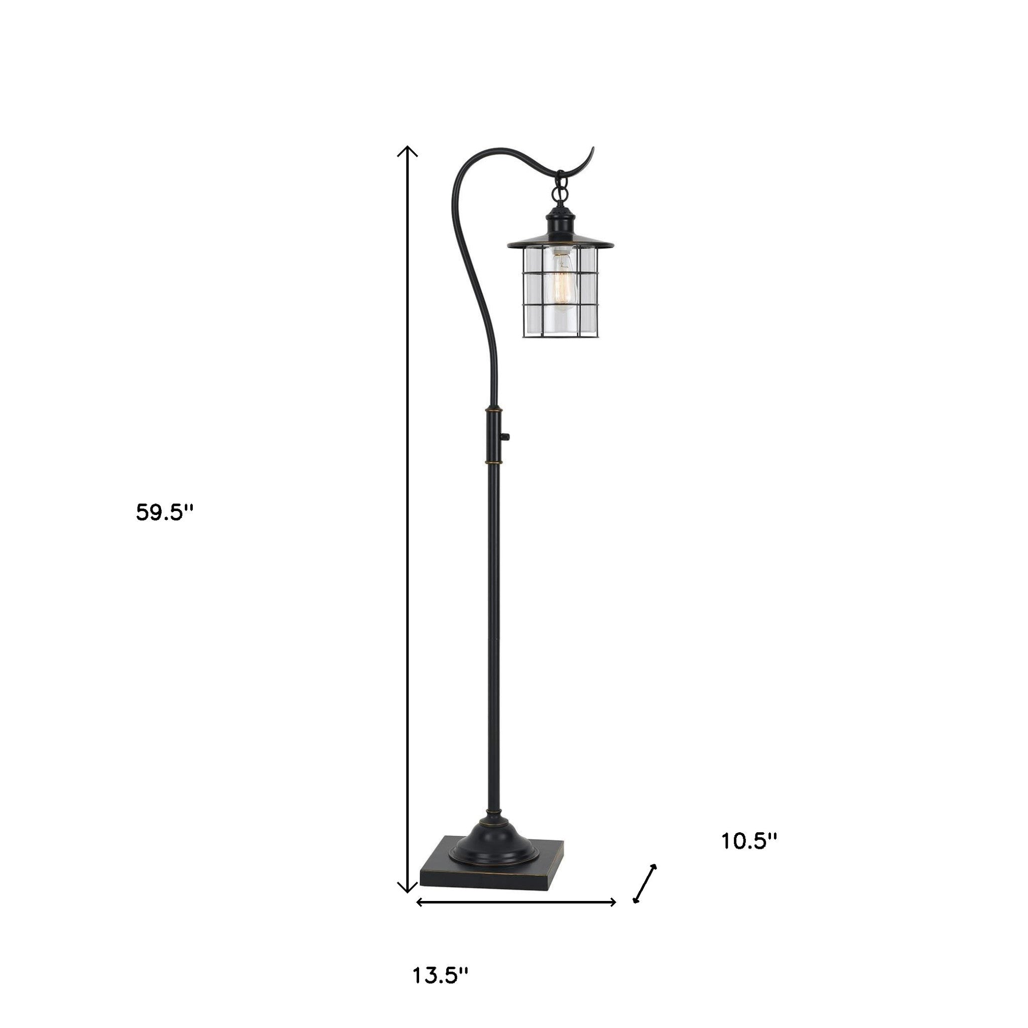 Black vintage-style outdoor floor lamp with a glass lantern, measuring 59.5" tall and 13.5" wide.