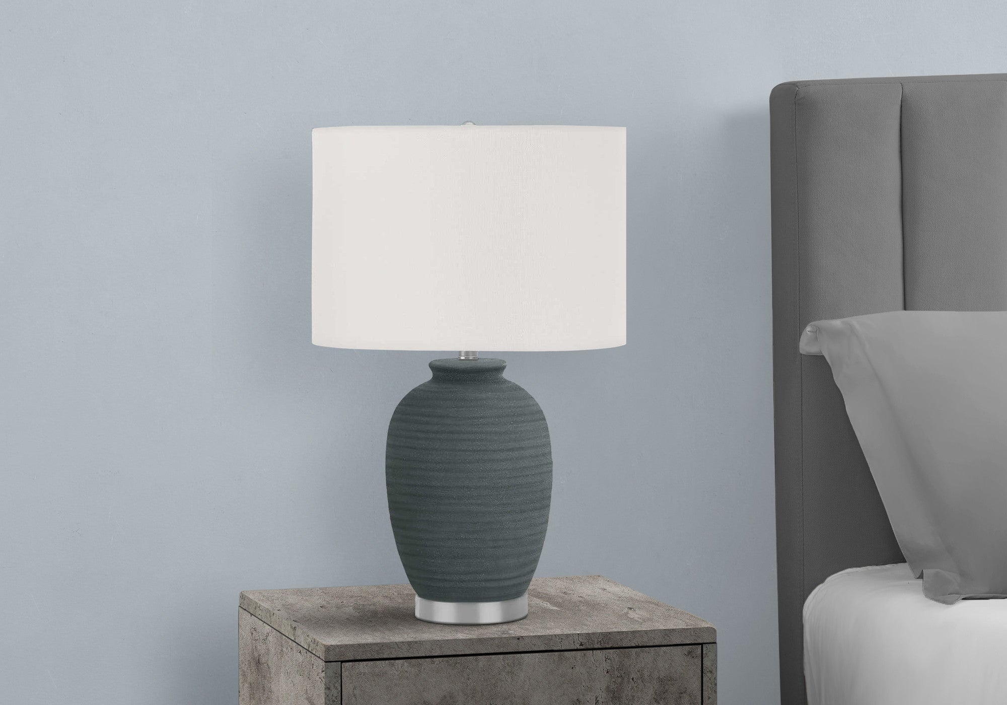 24" Blue and Silver Ceramic Round Table Lamp With Ivory Drum Shade - Lighting
