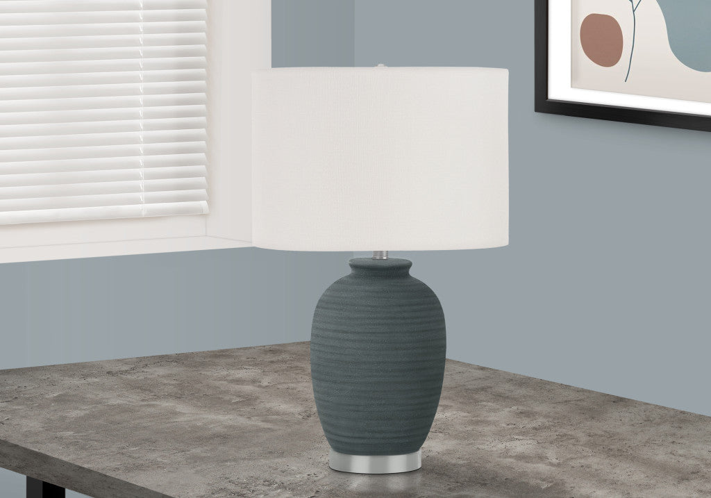 24" Blue and Silver Ceramic Round Table Lamp With Ivory Drum Shade - Lighting