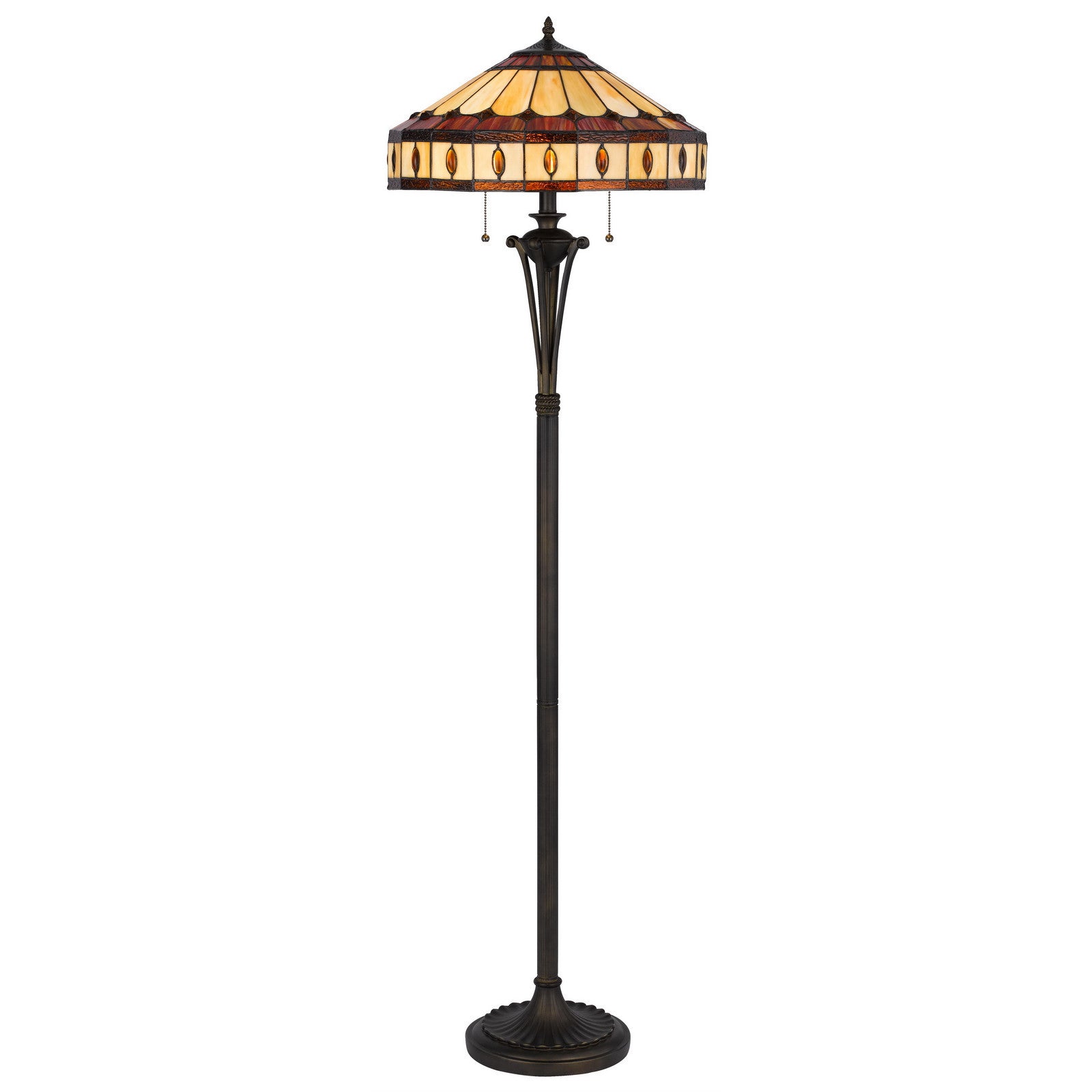 61" Bronze Two Light Traditional Shaped Floor Lamp With Purple and Ivory Abstract Tiffany Glass Empire Shade - Lighting