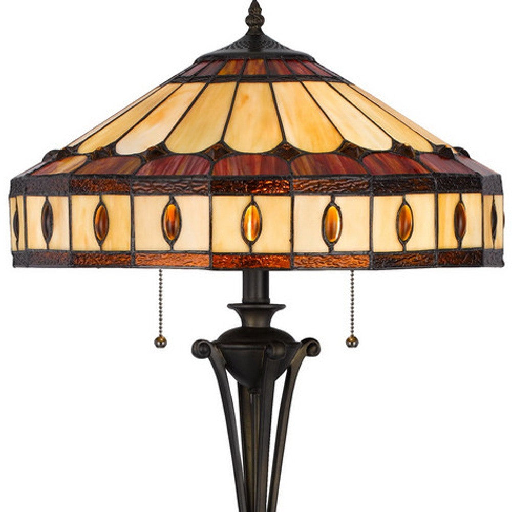 61" Bronze Two Light Traditional Shaped Floor Lamp With Purple and Ivory Abstract Tiffany Glass Empire Shade - Lighting