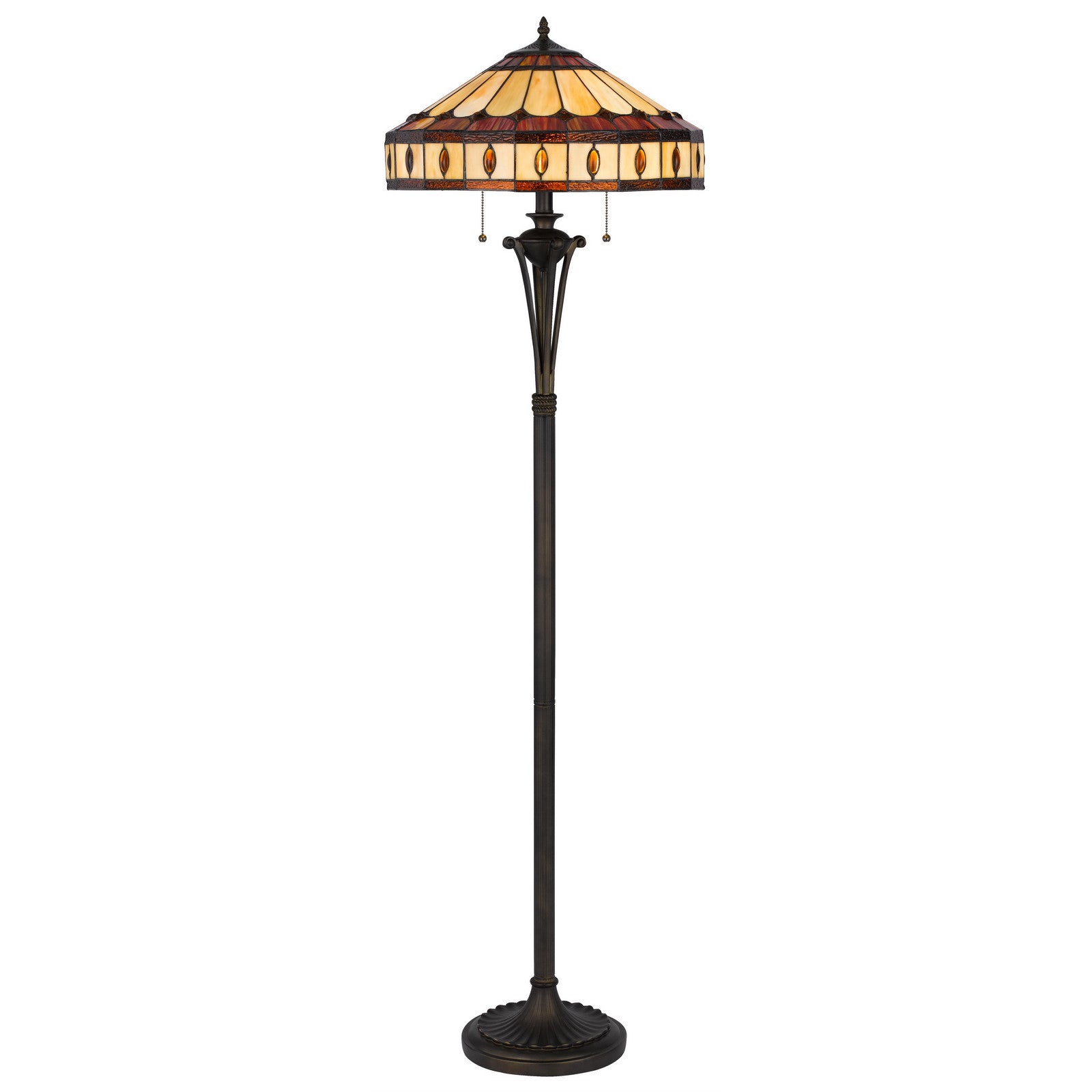 61" Bronze Two Light Traditional Shaped Floor Lamp With Purple and Ivory Abstract Tiffany Glass Empire Shade - Lighting