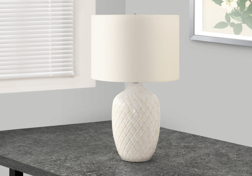 25" Cream Ceramic Urn Table Lamp With Cream Drum Shade - Lighting