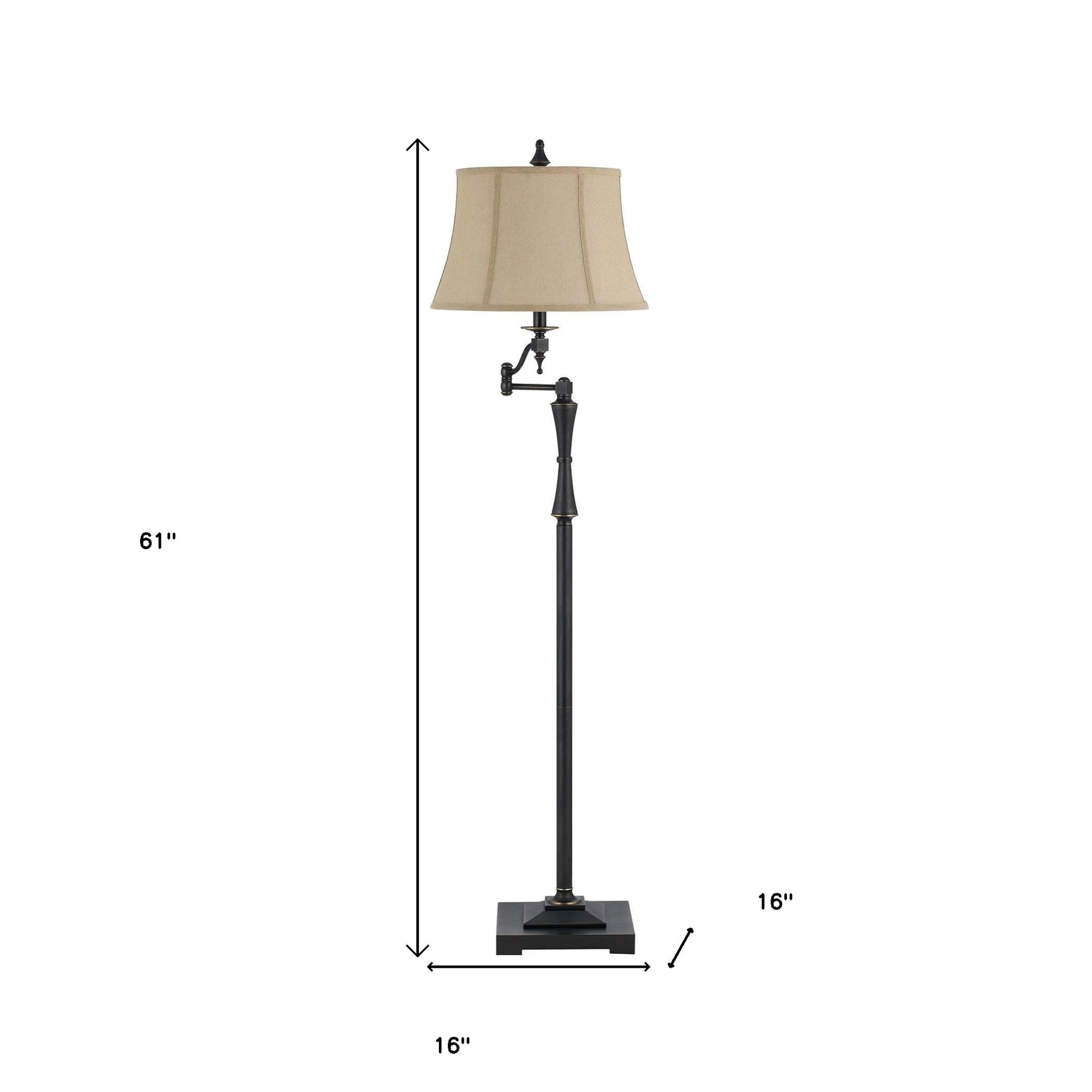 61" Bronze Swing Arm Floor Lamp With Brown Square Shade - Lighting