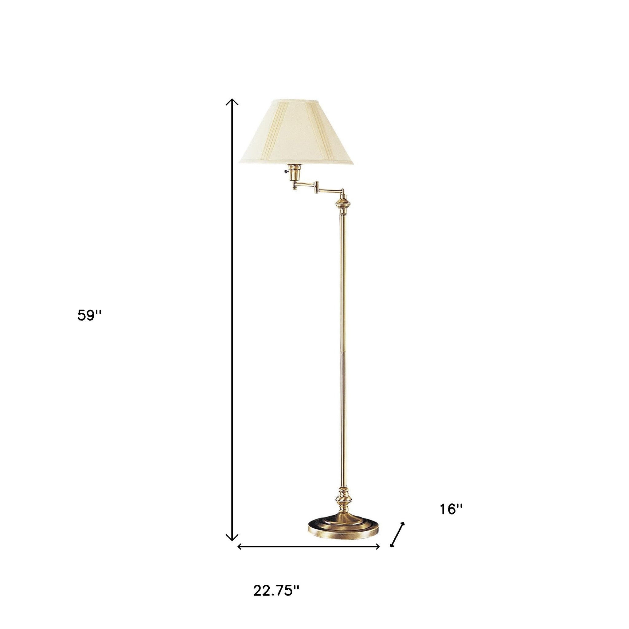 Brass adjustable floor lamp with cream shade, classic design, height 59", base diameter 22.75".