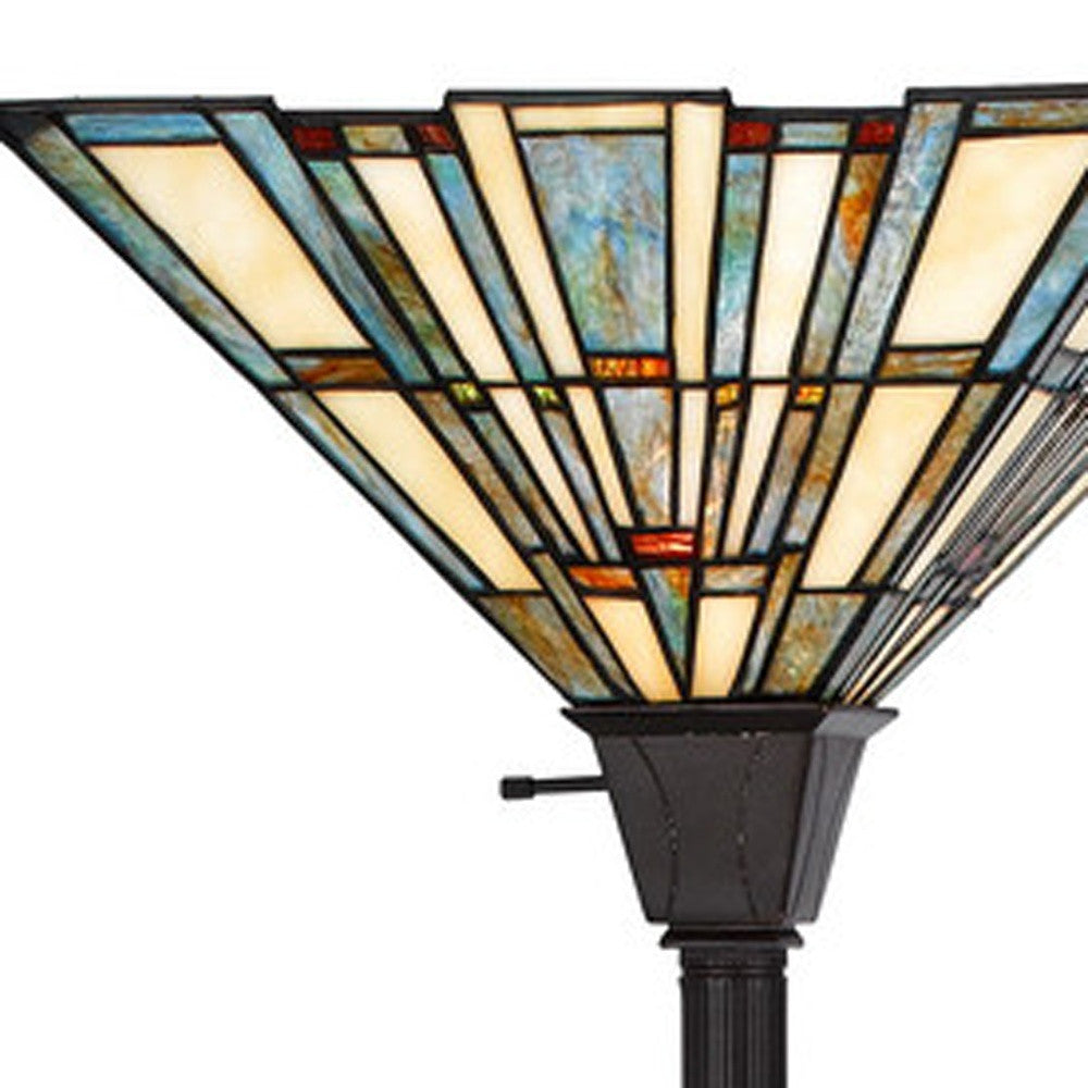 72" Bronze Torchiere Floor Lamp With Gray and Ivory Abstract Tiffany Glass Novelty Shade - Lighting