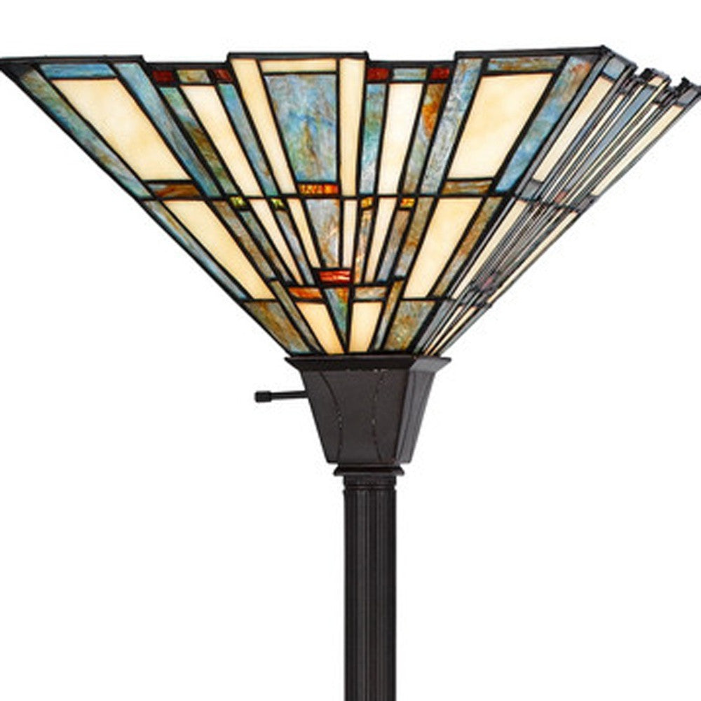 72" Bronze Torchiere Floor Lamp With Gray and Ivory Abstract Tiffany Glass Novelty Shade - Lighting