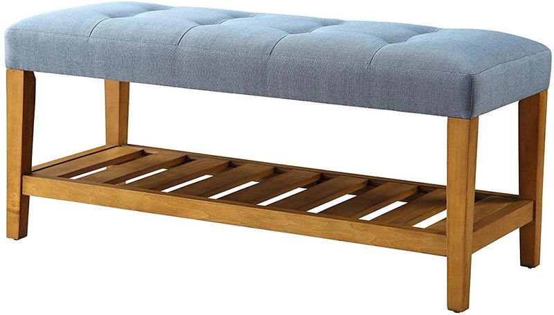 40" Blue and Brown Tufted Fabric Upholstered Storage Bench with Shelves - Living Room