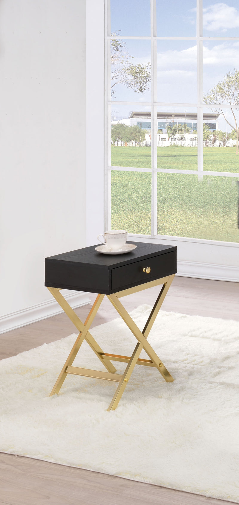 24" Gold And Black Solid Wood End Table With Drawer - Living Room
